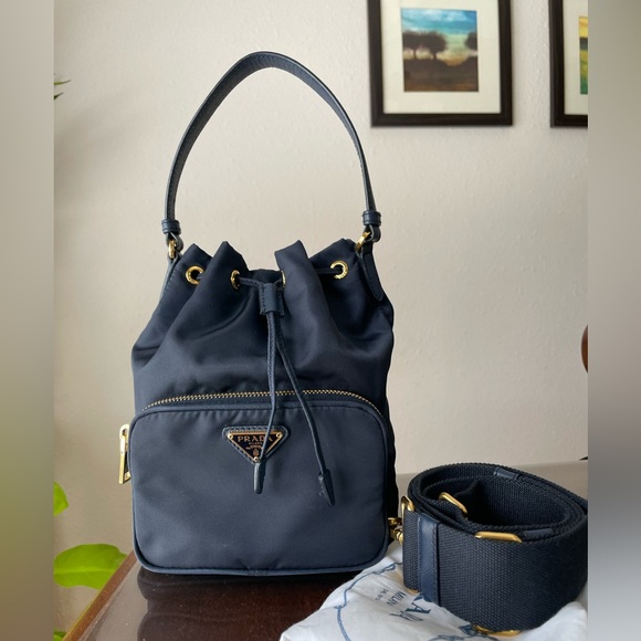 PRADA Duet Nylon bucket navy bag $1,820 - Picture 1 of 16